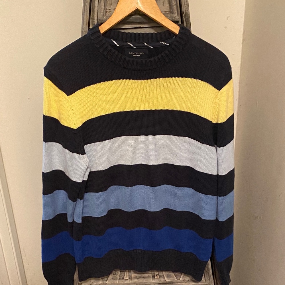 Lands' End Men's Crewneck Sweater - Black, Yellow, Blue Stripes